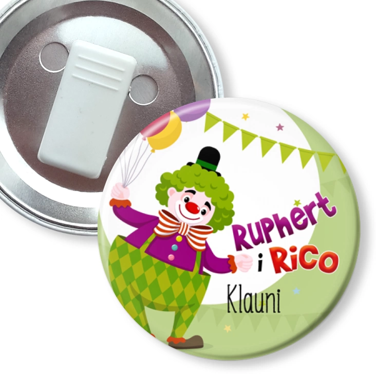 przypinka z żabką Ruphert i Rico Klauni na miętowym tle