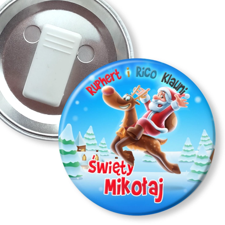 przypinka z żabką Ruphert i Rico Klauni na reniferze