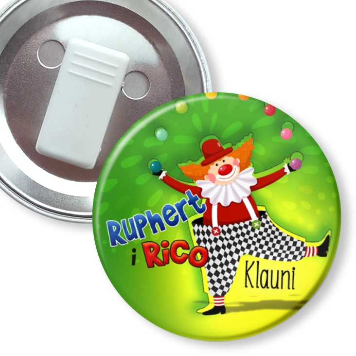 przypinka z żabką Ruphert i Rico Klauni na zielonym tle