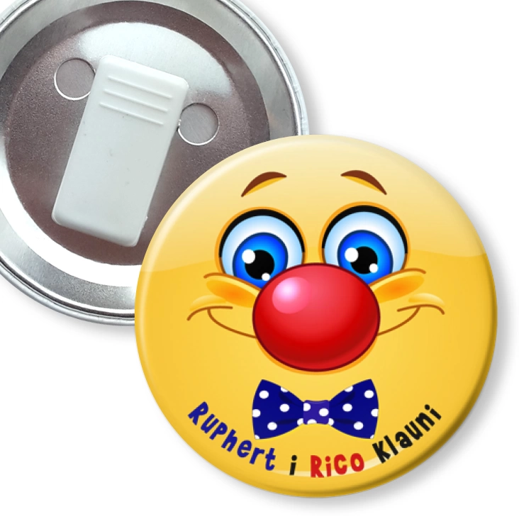 przypinka z żabką Ruphert i Rico Klauni z dużym nosem