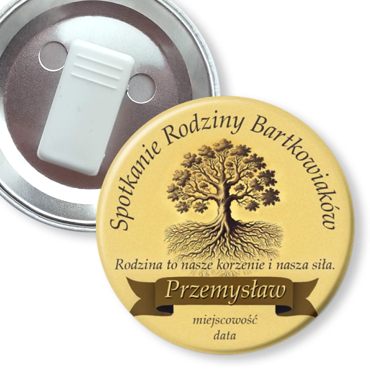 przypinka z żabką Spotkanie rodziny z imieniem i dębem