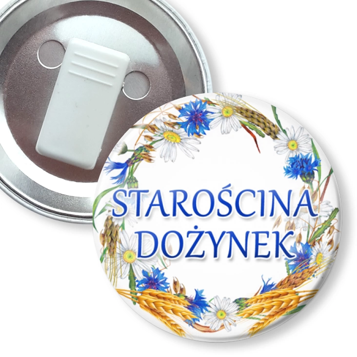 przypinka z żabką Starościna dożynek wieniec z chabrami