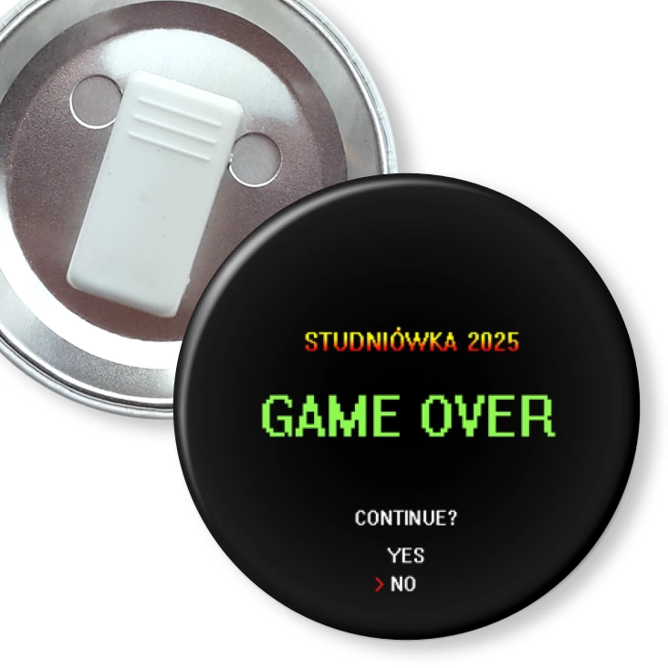 przypinka z żabką Studniówka game over continue yes no