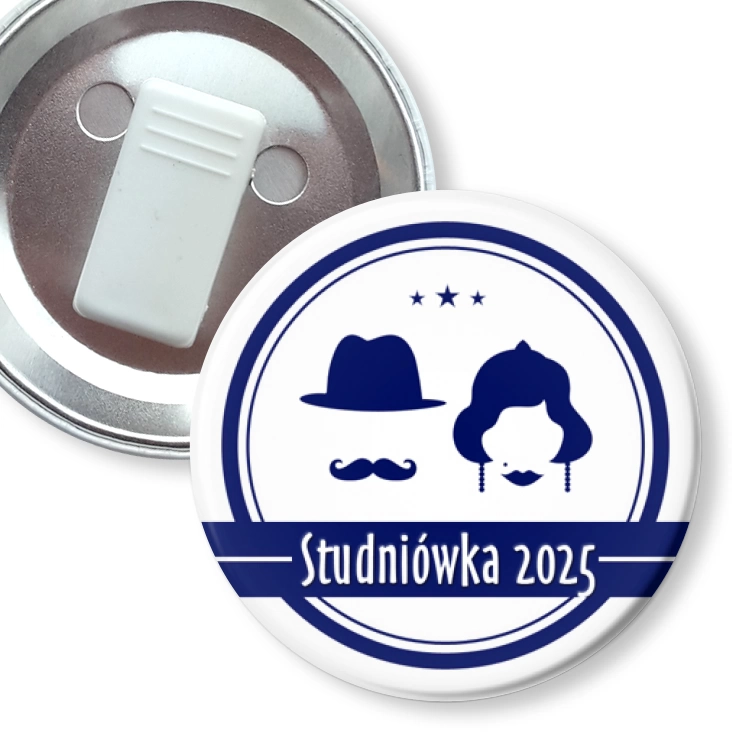 przypinka z żabką Studniówka granatowa retro z wąsem i kapeluszem