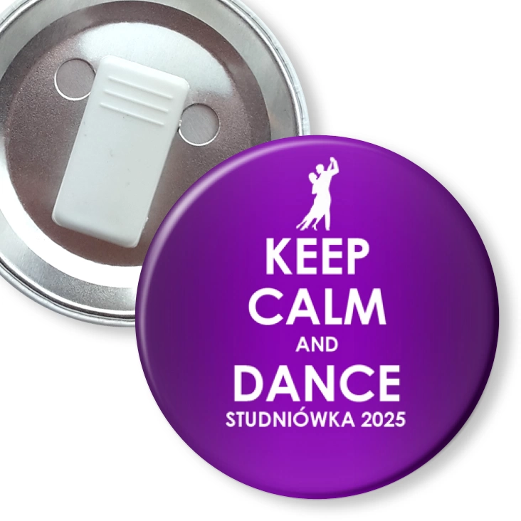 przypinka z żabką Studniówka keep calm and dance fioletowa