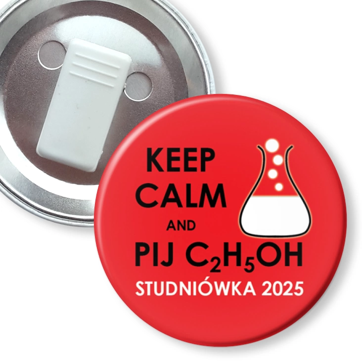 przypinka z żabką Studniówka keep calm i pij C2H5OH czerwona