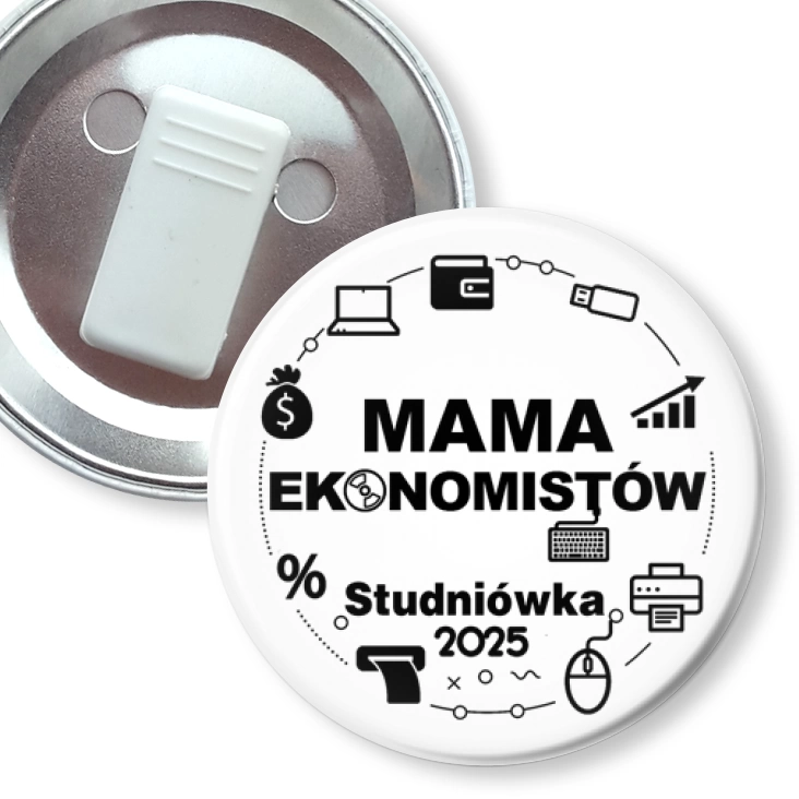 przypinka z żabką Studniówka Mama ekonomistów na białym tle