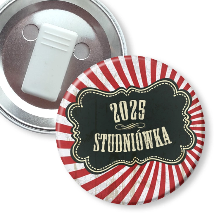 przypinka z żabką Studniówka z motywem rozety