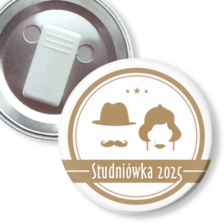 przypinka z żabką Studniówka retro z wąsem i kapeluszem