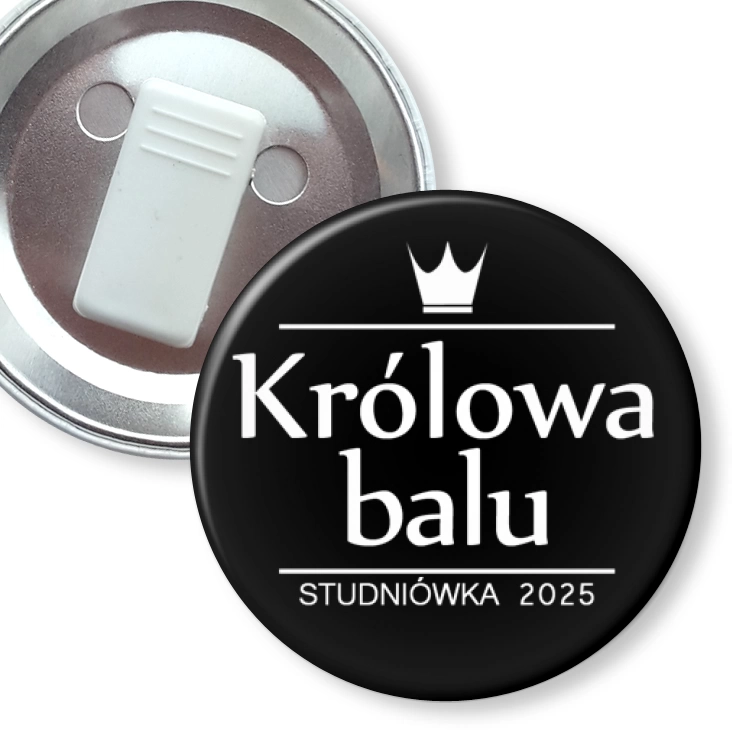 przypinka z żabką Studniówka z koroną królowa balu czarna