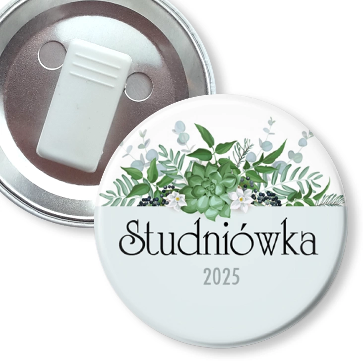 przypinka z żabką Studniówka z zielonym bukietem