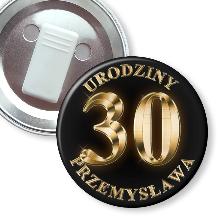 przypinka z żabką Trzydzieste urodziny z imieniem i złotym napisem