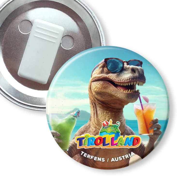 przypinka z żabką Tyranozaur na wakacjach w Tirolland