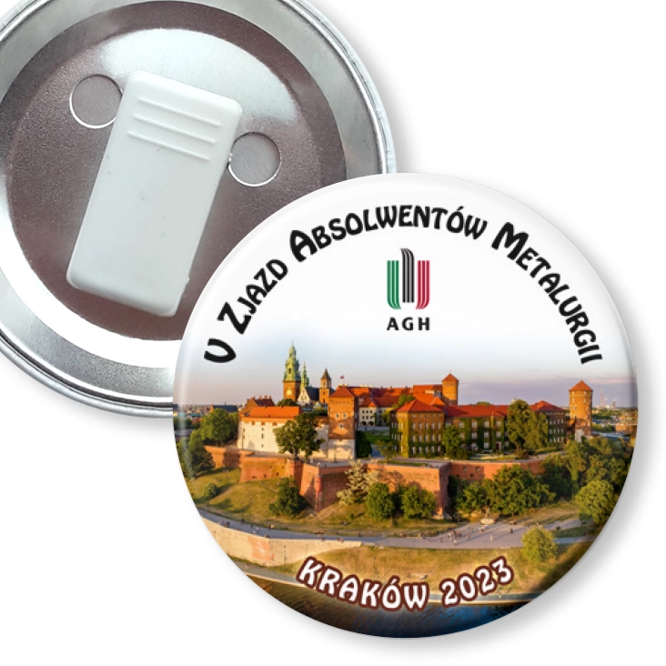 przypinka z żabką V Zjazd Absolwentów Metalurgii Kraków 2023