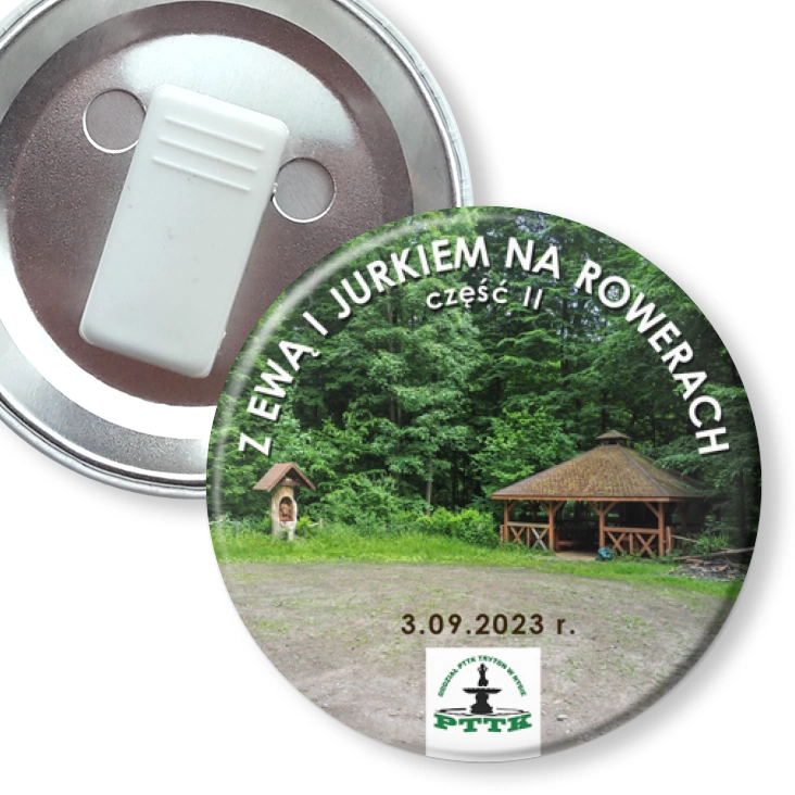 przypinka z żabką Z Ewą i Jurkiem na rowerach część II