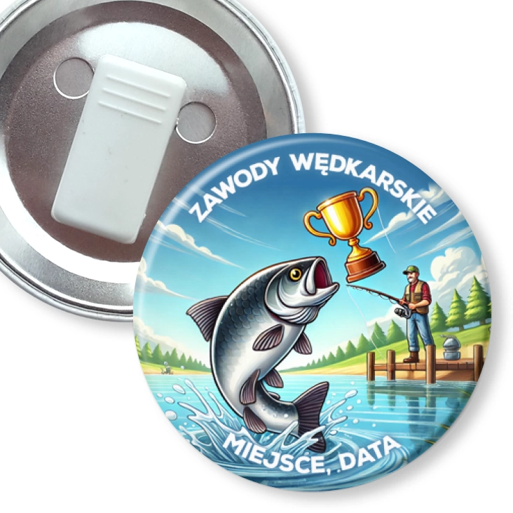 przypinka z żabką Zawody wędkarskie ryba z pucharem