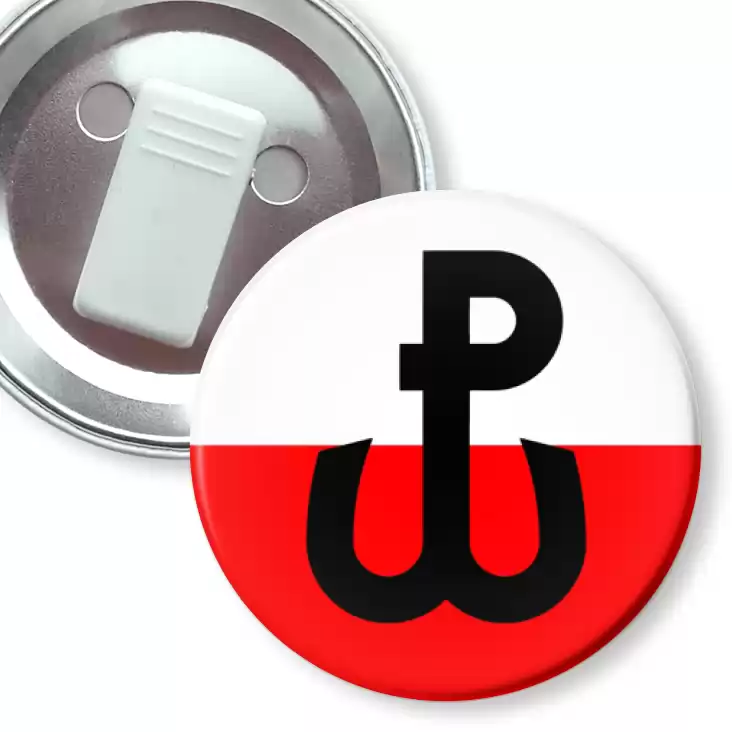 przypinka z żabką Znak Polska Walcząca na biało-czerwonym tle