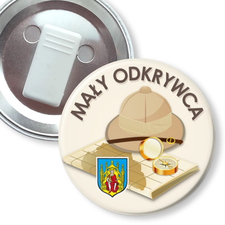 przypinka z żabką Zostań Małym Odkrywcą Grodzisk Wielkopolski