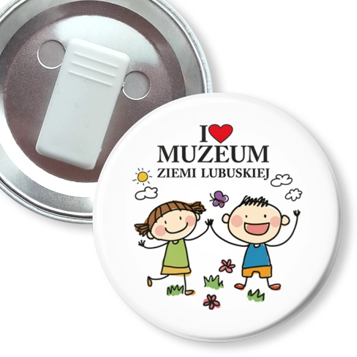 przypinka z żabką I love Muzeum Ziemi Lubuskiej