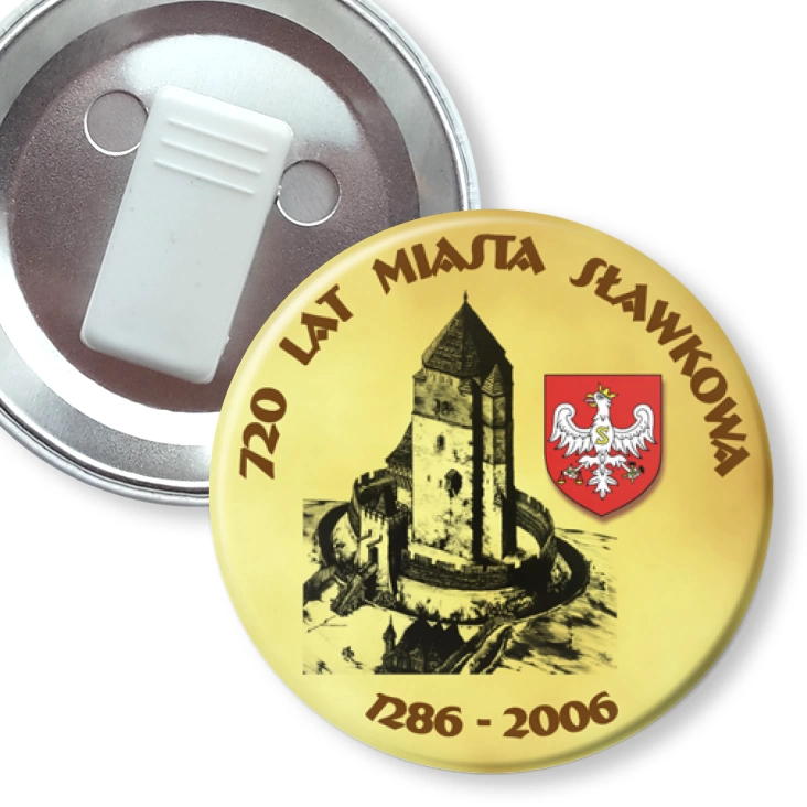 przypinka z żabką 720 lat Miasta Sławkowa