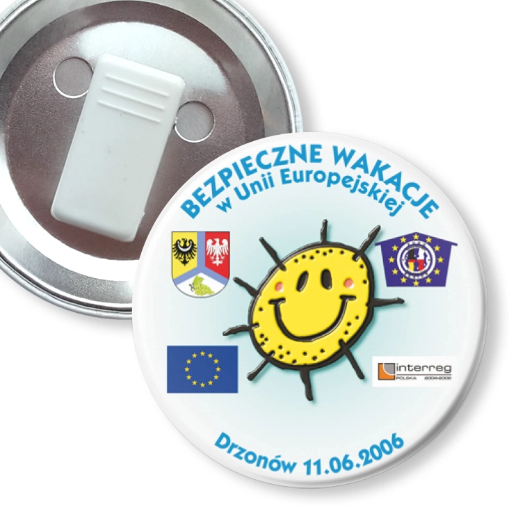 przypinka z żabką Bezpieczne Wakacje w Unii Europejskiej