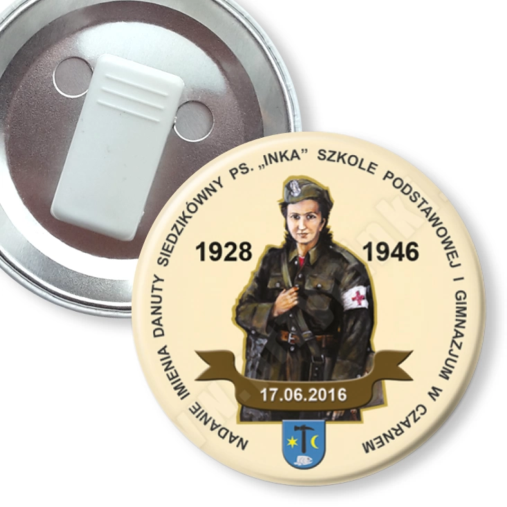 przypinka z żabką Nadanie Imienia SP i Gimnazjum w Czarnem