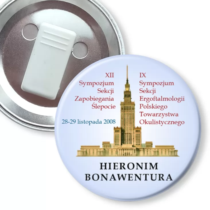 przypinka z żabką Sympozujm Zapobiegania Ślepocie