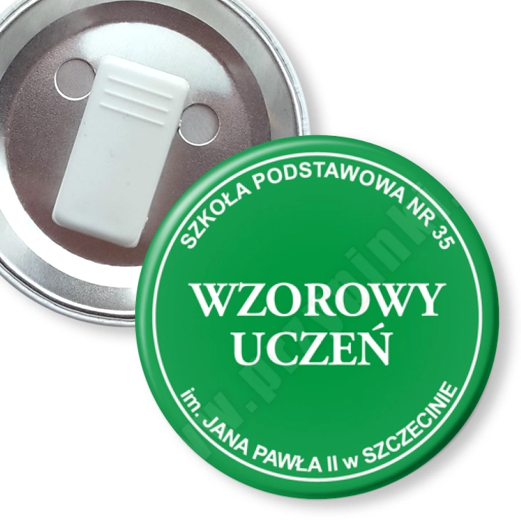 przypinka z żabką Wzorowy Uczeń SP35 Szczecin - zielony