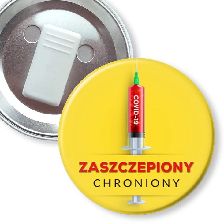 przypinka z żabką Zaszczepiony chroniony