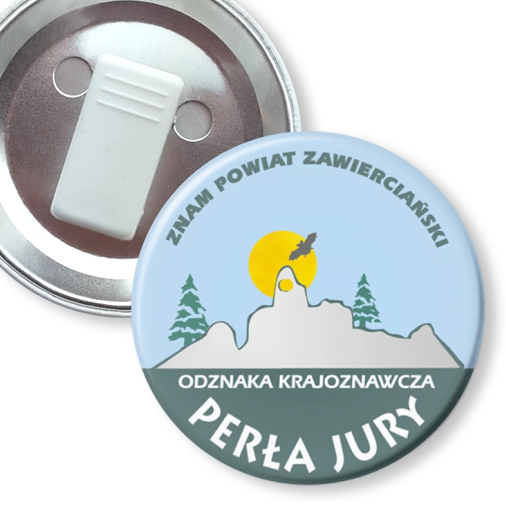 przypinka z żabką Znam Powiat Zawierciański