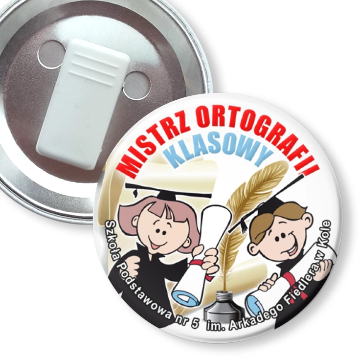 przypinka z żabką Klasowy Mistrz Ortografii