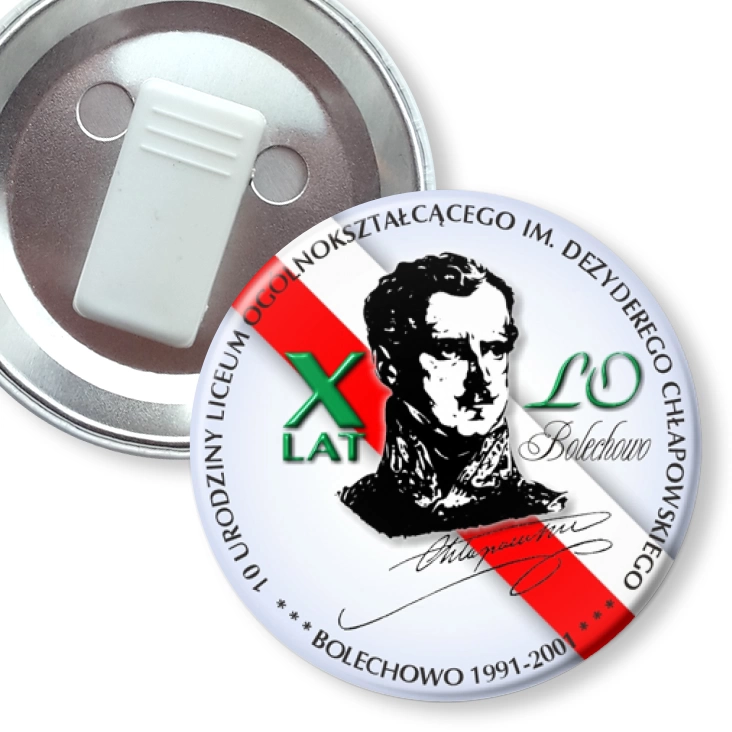 przypinka z żabką X lat LO Bolechowo