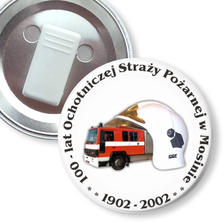 przypinka z żabką 100-lat Ochotniczej Straży Pożarnej w Mosinie