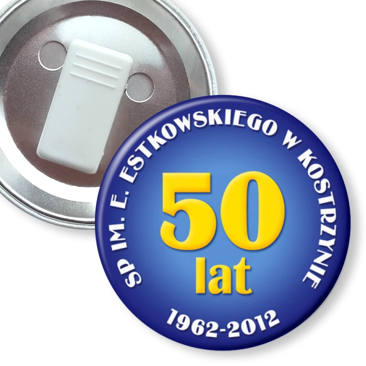 przypinka z żabką 50 lat SP w Kostrzynie