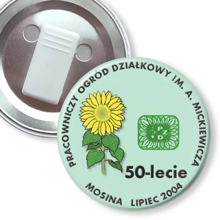 przypinka z żabką 50-lecie Pracowniczego Ogrodu Działkowego