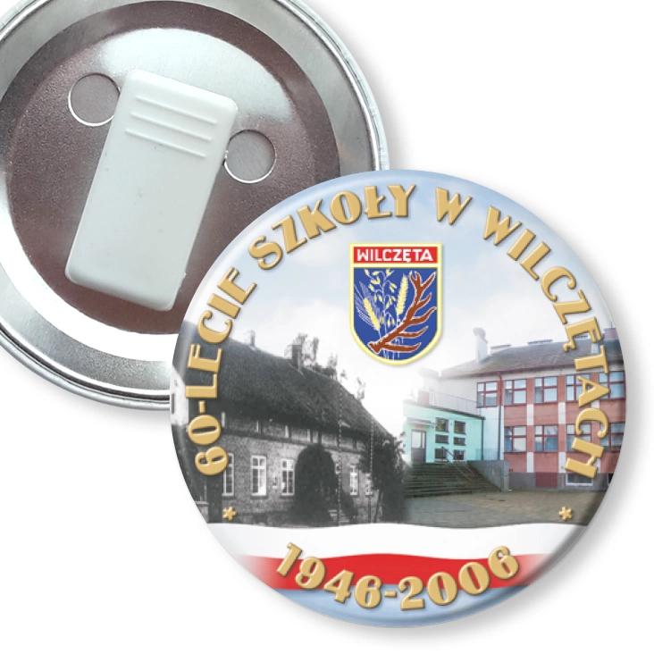 przypinka z żabką 60-lecie szkoły w Wilczętach