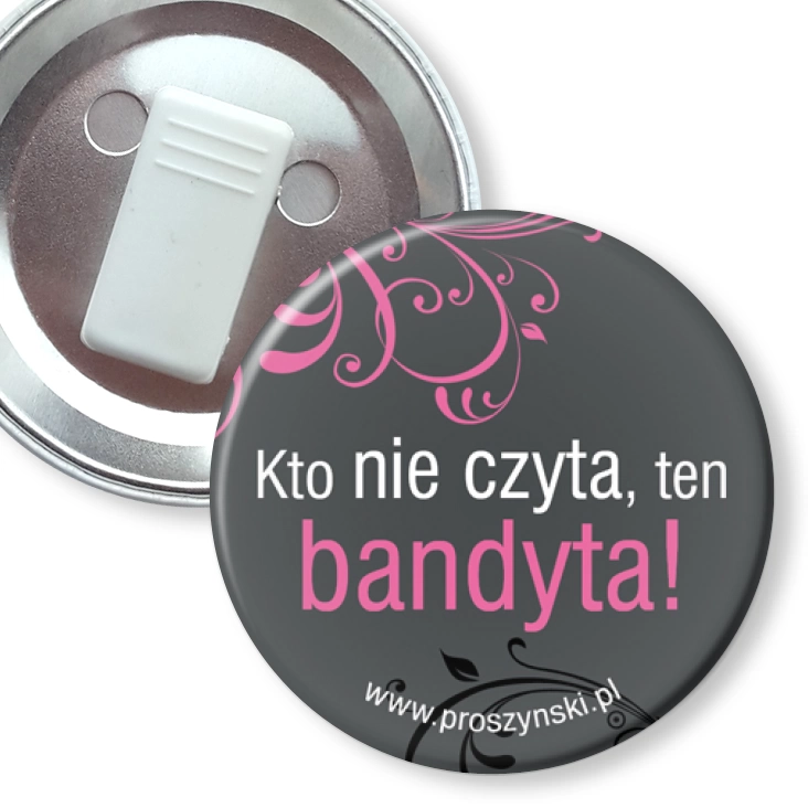 przypinka z żabką Bandyta nie czyta