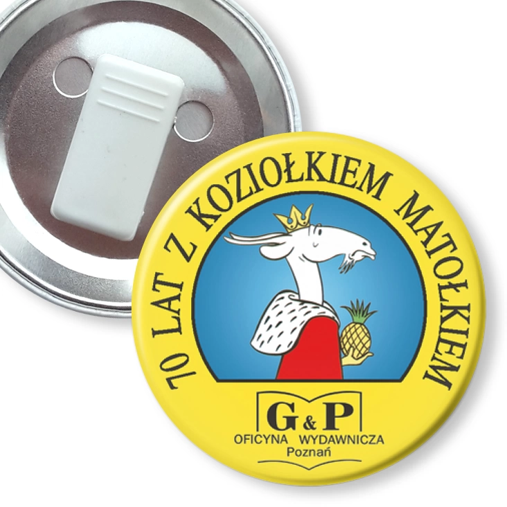 przypinka z żabką 70 lat z Koziołkiem Matołkiem