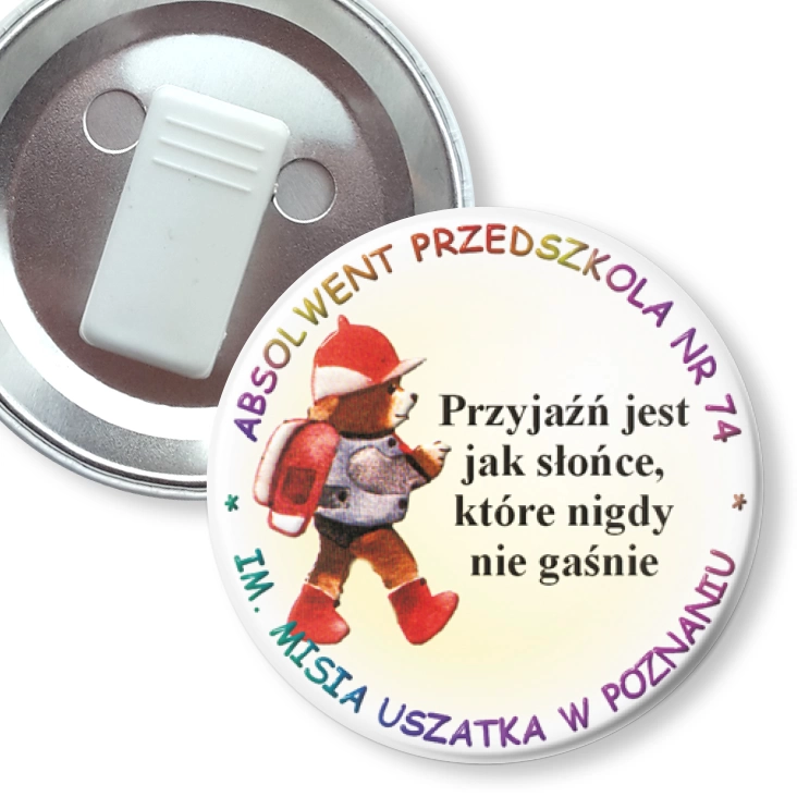 przypinka z żabką Absolwent przedszkola nr 74