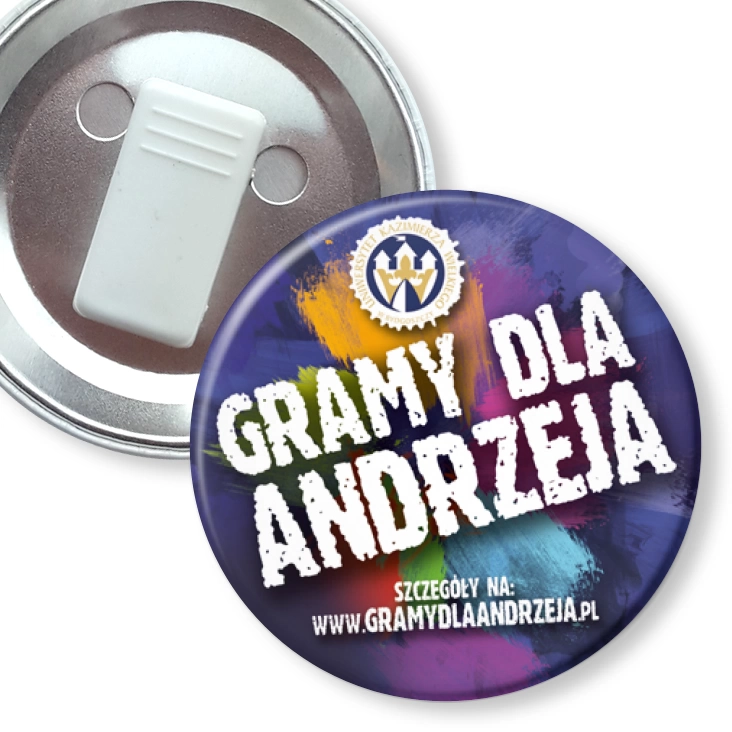 przypinka z żabką Gramy dla Andrzeja