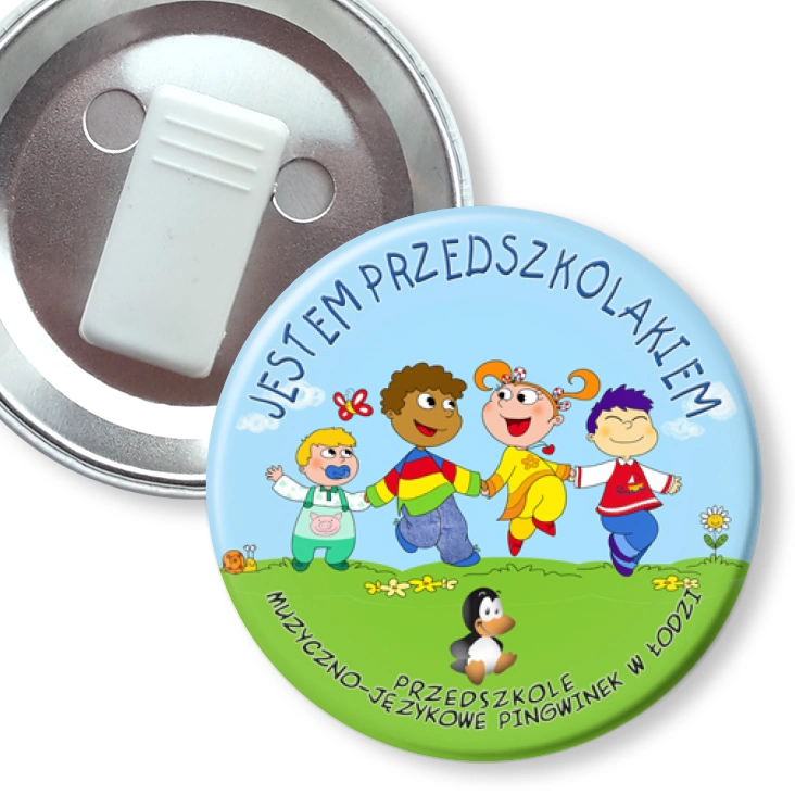przypinka z żabką Przedszkole Pingwinek w Łodzi
