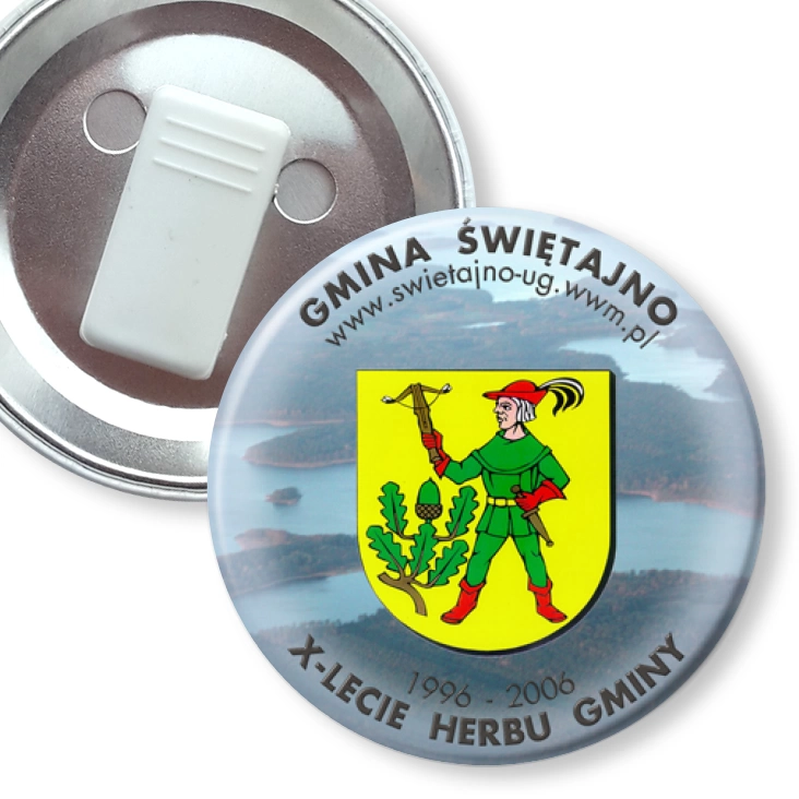 przypinka z żabką X-lecie Herbu Gminy Świętajno