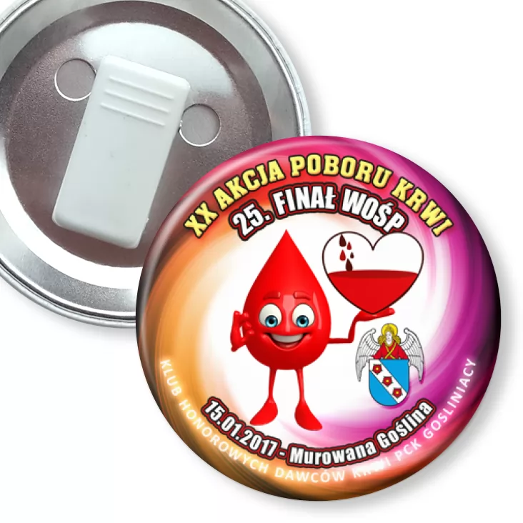 przypinka z żabką Gośliniacy - XX Akcja Poboru Krwi