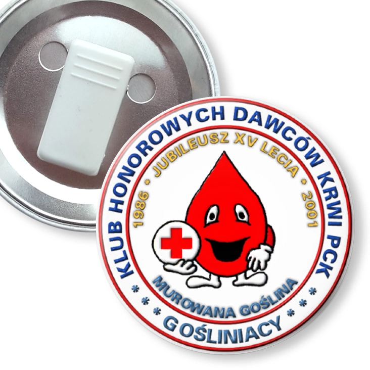 przypinka z żabką XV-lecie Klubu Honorowych Dawców Krwi