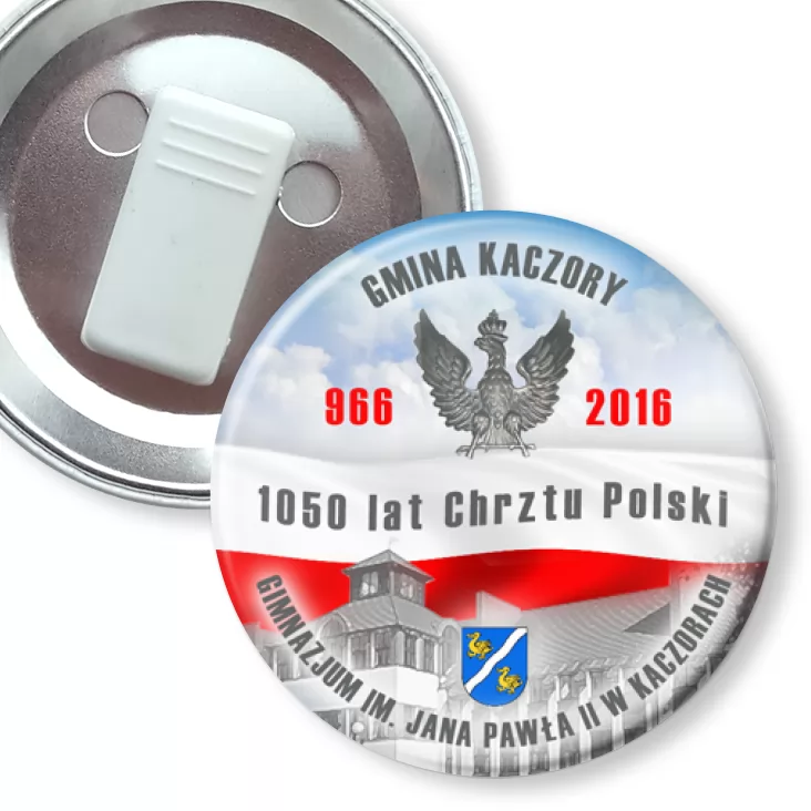 przypinka z żabką Gimnazjum im. Jana Pawła II w Kaczorach