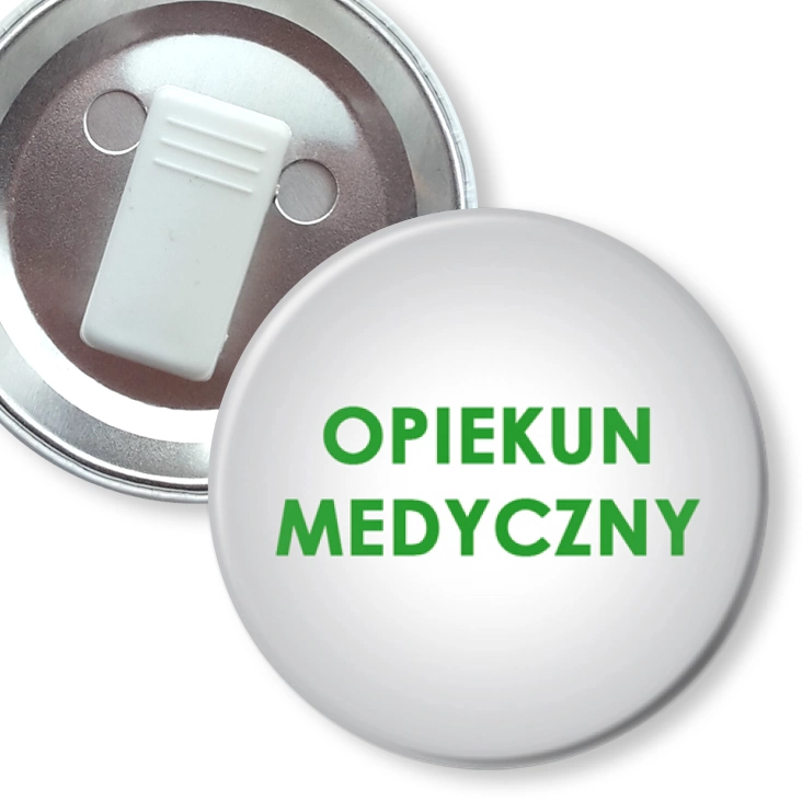 przypinka z żabką Opiekun medyczny na szarym tle