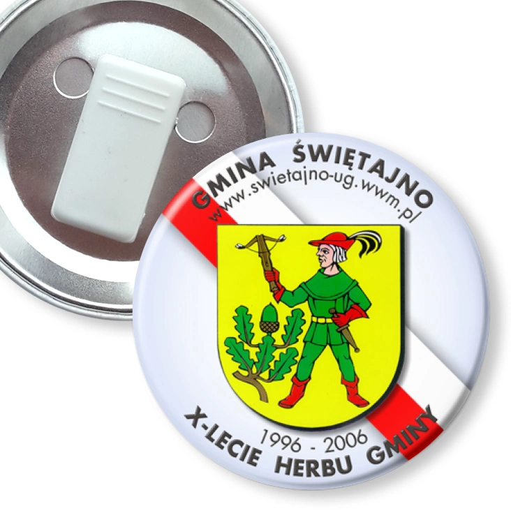 przypinka z żabką X-lecie Herbu Gminy Świętajno