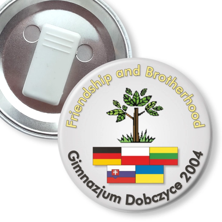 przypinka z żabką Freindship and Brotherhood - gimnazjum w Dobrzycach