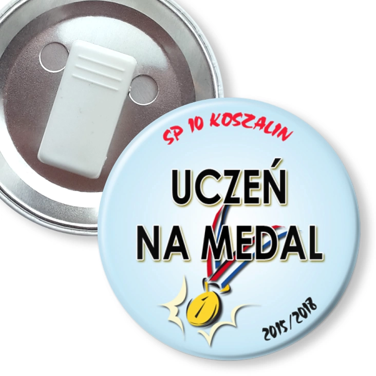 przypinka z żabką Uczeń na medal - SP 10 Koszalin