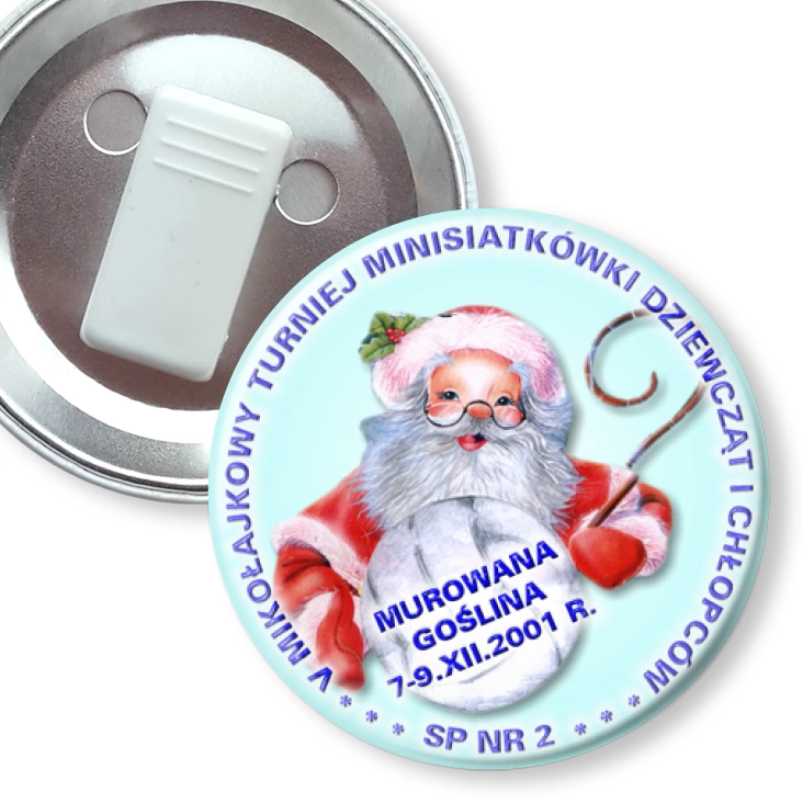 przypinka z żabką V Mikołajkowy Turniej Minisiatkówki Dziewcząt i Chłopców
